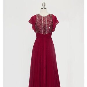 NEW BURGUNDY LONG SLEEVELESS MAXI EMBROIDERED SEQUINE DRESS WITH ZIP BACK CJ231